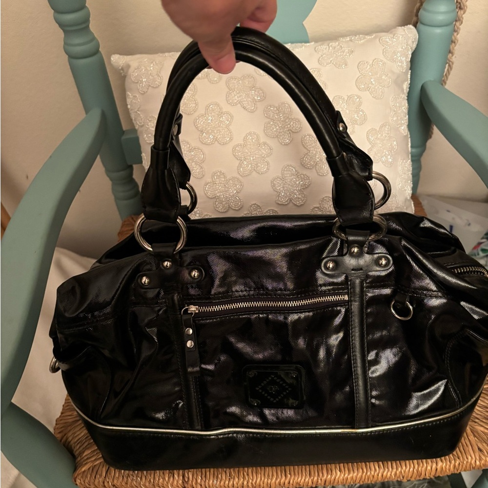 Vintage DONALD J PLINER Black Patent Leather Bowler Bag, Very Good Condition